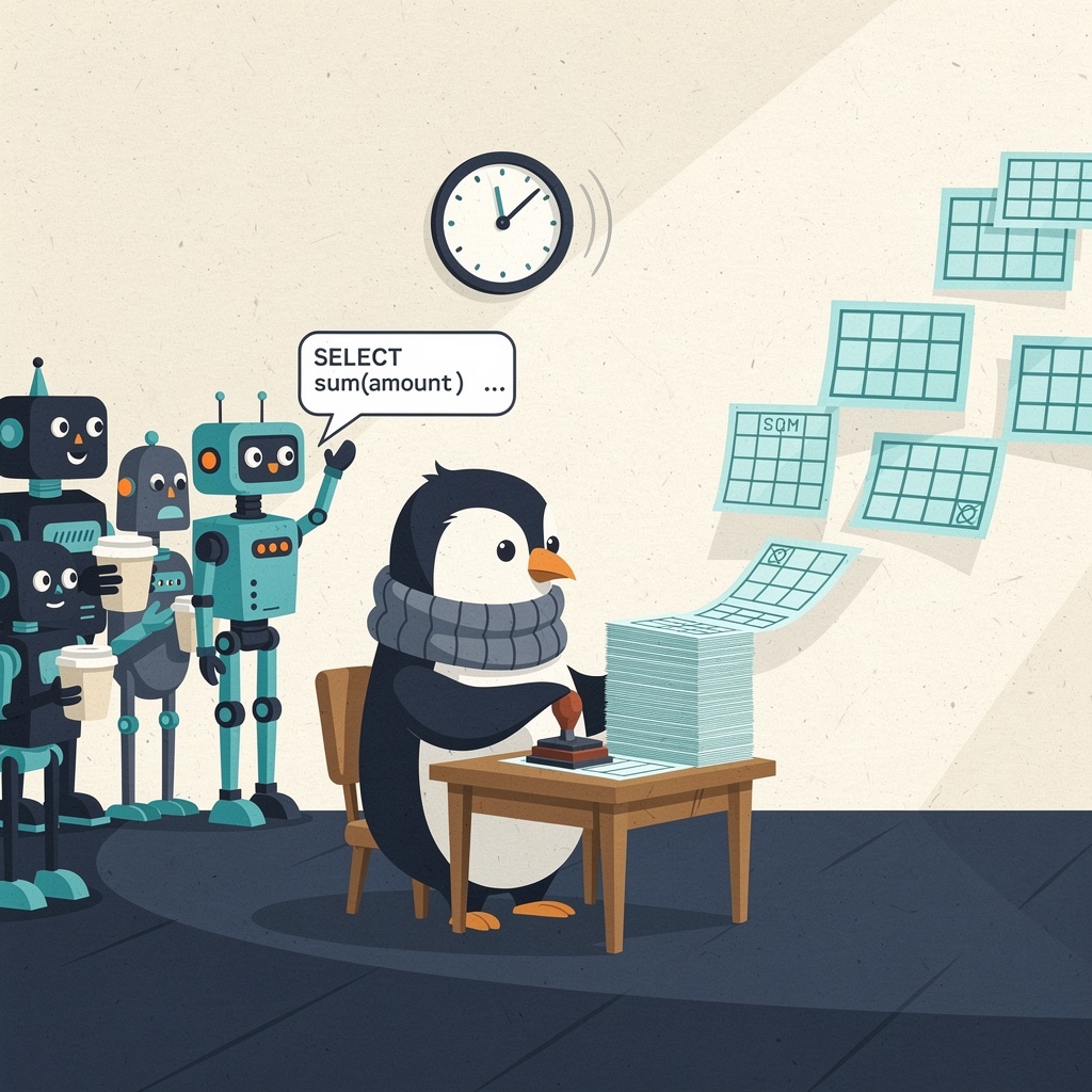 A penguin at a tiny desk stamps a stack of spreadsheets while a queue of robots waits with coffee cups
