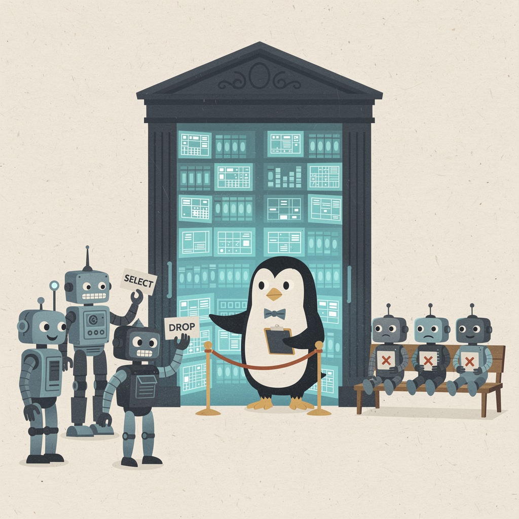 A penguin bouncer at a velvet rope checks a robot's SQL statement on a clipboard before letting it into a library of spreadsheets
