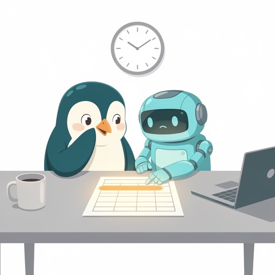 A penguin and a small robot sit on the same side of a desk, a spreadsheet between them, the robot pointing at one highlighted row while the penguin nods