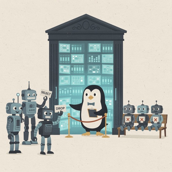 A penguin bouncer at a velvet rope checks a robot's SQL statement on a clipboard before letting it into a library of spreadsheets