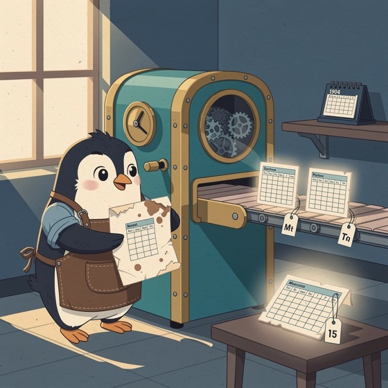 A penguin in a workshop feeds a messy spreadsheet into a machine that turns it into neat labelled tables on a conveyor belt