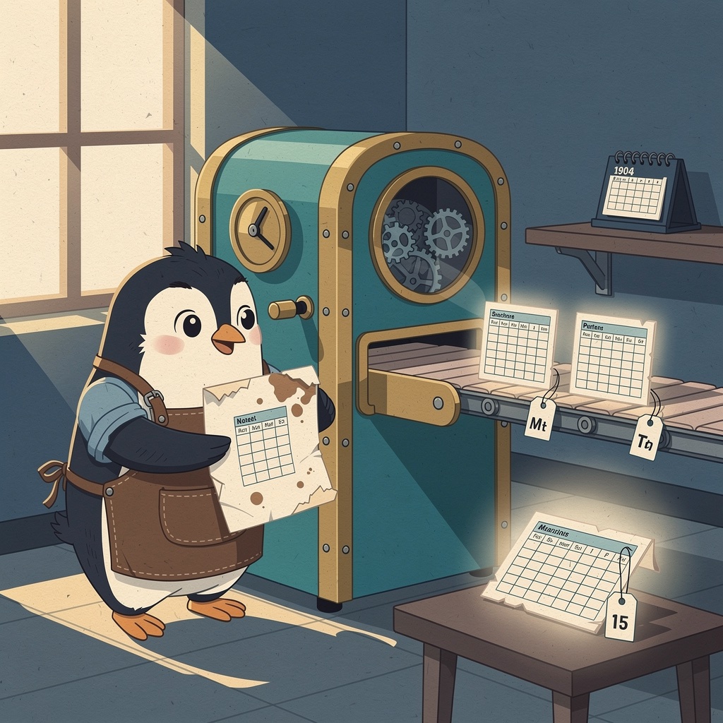A penguin in a workshop feeds a messy spreadsheet into a machine that turns it into neat labelled tables on a conveyor belt