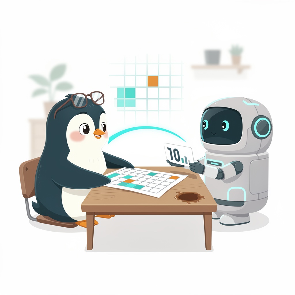 A penguin in a small office slides a spreadsheet across the desk to a friendly robot, which hands back a single neat answer card